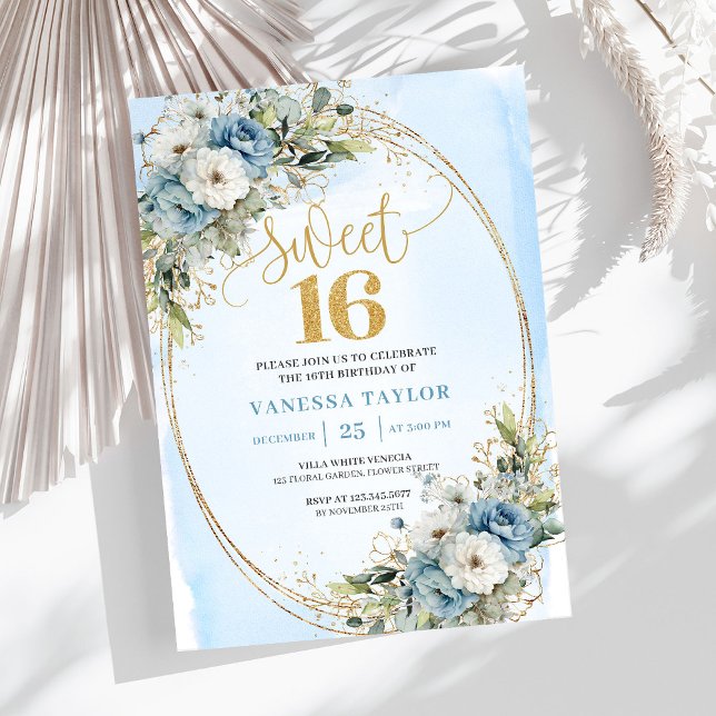 Convite Airy Dusty Blue Floral Greenery Sweet 16th Invite (Airy Dusty Blue Floral Greenery Sweet 16th Invite)