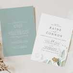 Convite Airy Greenery and Gold Leaf All In One Wedding<br><div class="desc">This airy greenery and gold leaf all in one wedding invitation is perfect for a modern wedding. The elegant botanical design features light and airy watercolor eucalyptus accented with whimsical gold glitter leaves. Save paper by including the details on the back of the wedding invitation instead of on a separate...</div>