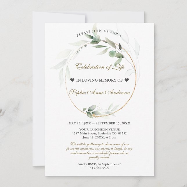 Convite Airy Greenery Celebração do Memorial Funeral da Vi (Frente)