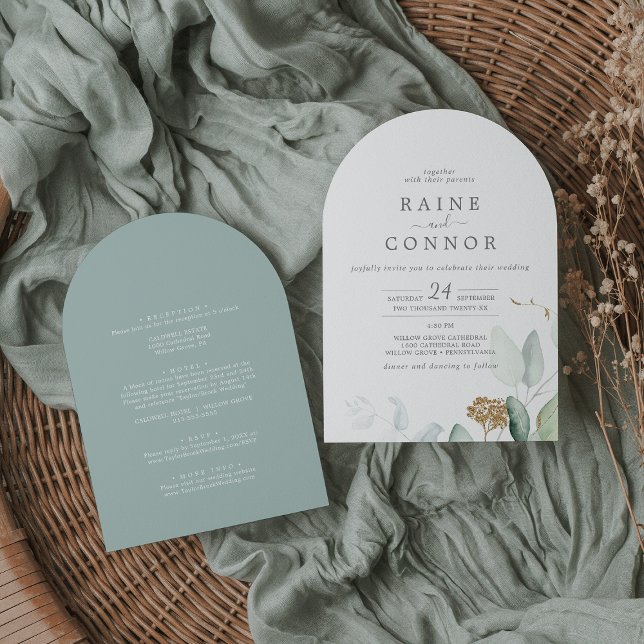 Convite Airy Greenery Dourado Folha Tudo Em Um Casamento D (Airy Greenery Gold Leaf All In One Arch Wedding Invitation)
