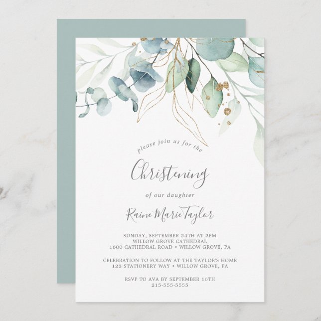 Convite Airy Greenery e Dourada Leaf Christening (Frente/Verso)