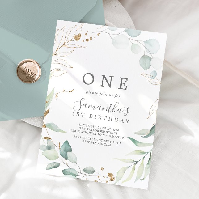 Convite Airy Greenery e Dourada Leaf First Festa de aniver (Criador carregado)