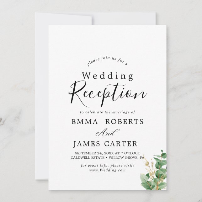 Convite Airy Greenery e Dourada Recepção de casamento Folh (Frente)