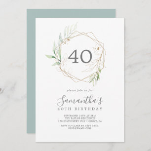 Convite Airy Greenery e Dourado Leaf aniversário de 40 ano