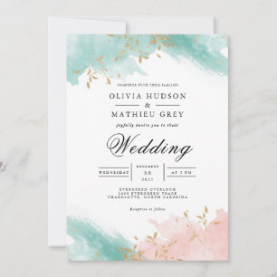 Convite Airy Teal Coral Flourish Wedding