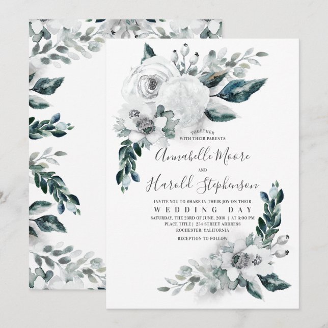 Convite Alabaster Floral Greenery | Casamento por Aquarela (Frente/Verso)