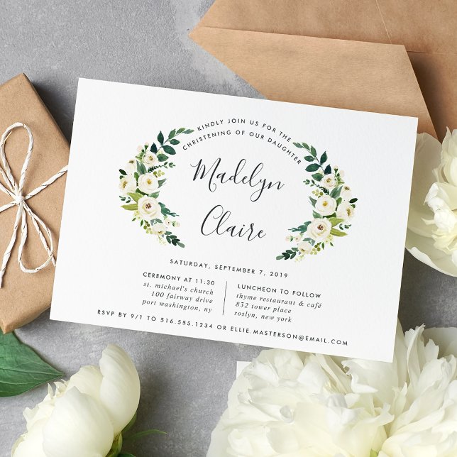 Convite Alabaster Laurel Christening ou Baptism Invitation (Criador carregado)