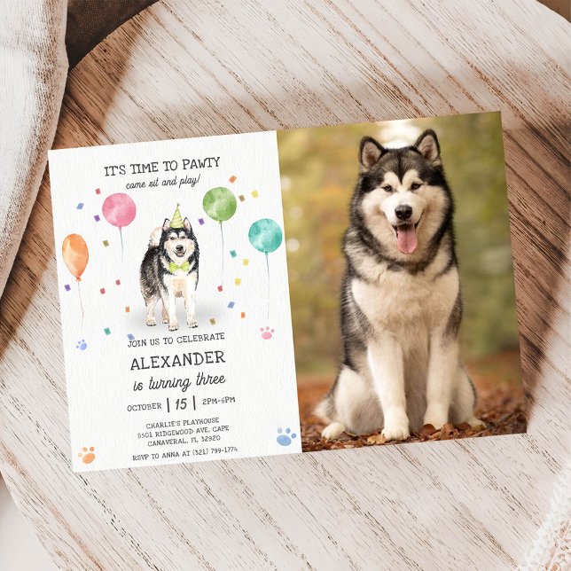 Convite Alaskan Malamute Pawty Puppy Birthday Foto rosa (Criador carregado)