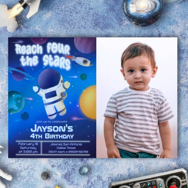 Convite Alcance as Estrelas - Espaço Sideral (Reach Four the Stars - Outer Space Landscape Invitation with Picture)