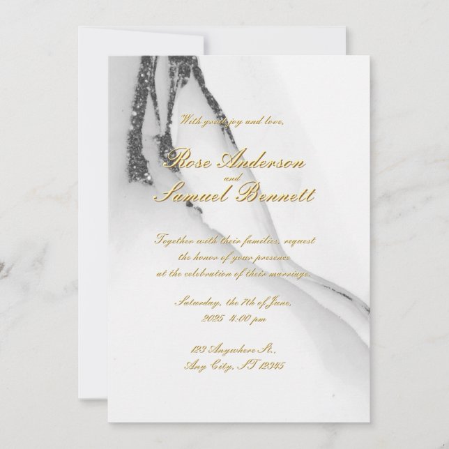 Convite Alcohol Ink Black White Glitter Wedding Invitation (Frente)