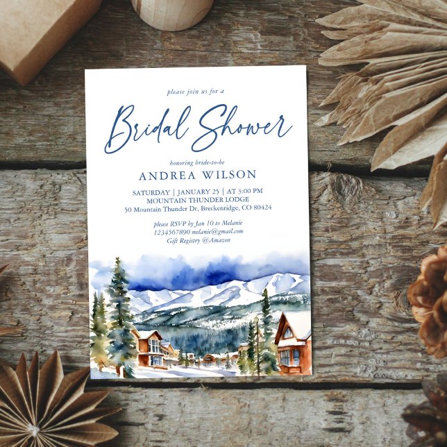 Convite Aldeia da montanha de neve do chá de panela de inv (Winter bridal shower watercolor snowy mountain village scenery template invitation digital download)