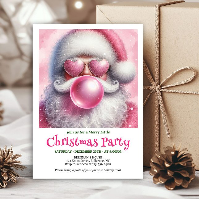 Convite Alegre Papai Noel rosa chiclete aquarela natal  (Jolly pink santa bubble gum watercolor holiday invite)