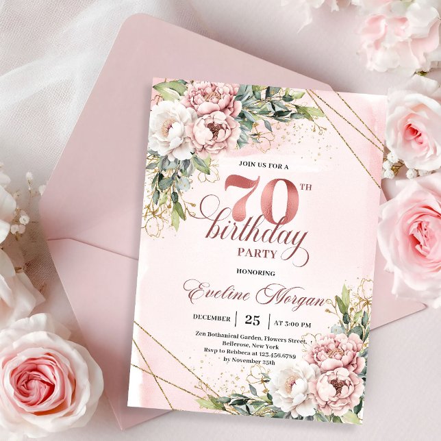Convite Alegre Rosa Rubor com Flores Reluzentes para os 70 (Joyful Blush Pink Shimmering Floral 70th Birthday Invitation)