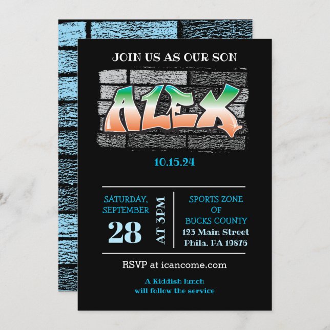 Convite ALEX Seu Nome Brick Wall Paint Splatter do Grafite (Frente/Verso)