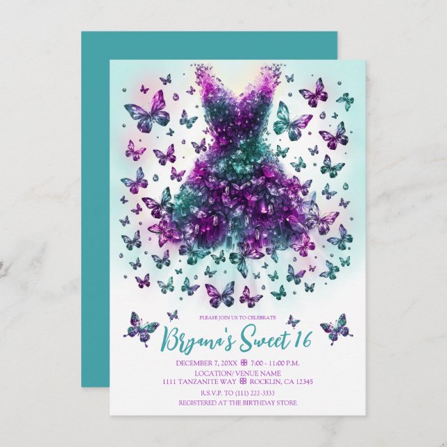 Convite Alexandrite Teal Butterfly Vestir June Birthstone (Frente/Verso)