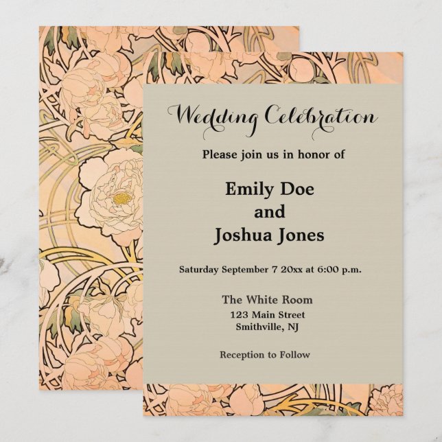 Convite Alfonse Mucha Art Nouveau Peonies (Frente/Verso)