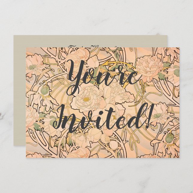 Convite Alfonse Mucha Art Nouveau Peonies (Frente/Verso)