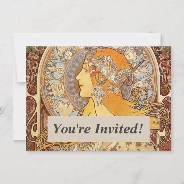 Convite Alfonse Mucha Zodiac Art Nouveau Mulher (Frente)