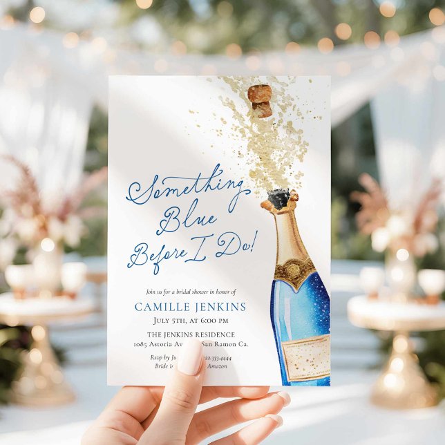 Convite Algo Azul Antes de Eu Fazer Brunch Chá de Noiva (Something Blue Before I do! Champagne Bridal Brunch Invitation)