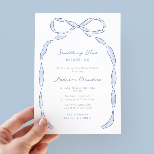 Convite Algo Azul Antes De Eu Fazer Chá de panela Arco (Whimsical hand drawn bow and handwritten font Something Blue Before I Do Bridal Shower invitations)