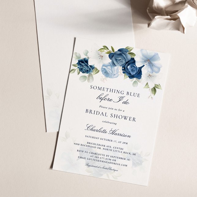 Convite Algo Azul Antes De Eu Fazer Chá de panela Floral (Something Blue Before I Do Watercolor Floral Script Bridal Shower Invitation)