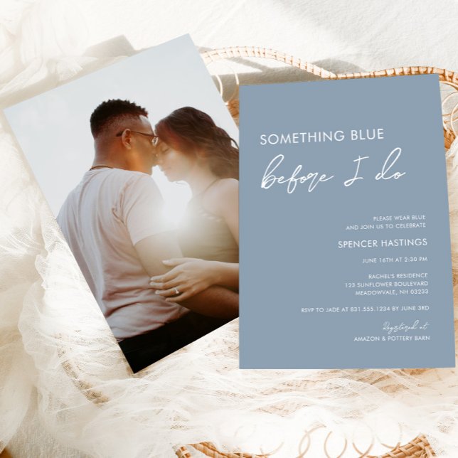 Convite Algo Azul Antes De Eu Fazer Chá de panela Moderno (Something blue before I do photo dusty blue bridal shower invitation)