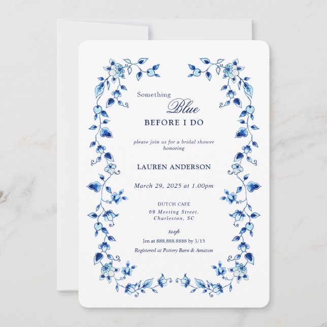 Convite Algo azul antes de fazer Chá de panela Floral (Frente)
