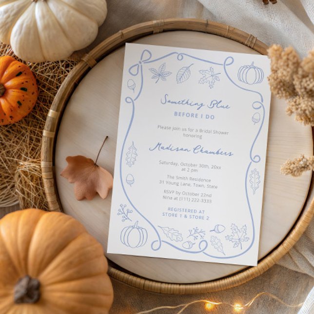 Convite Algo Azul Antes Que Eu Faça Chá de panela (Fall-theme Something Blue Wedding shower invitation with hand drawn Autumn leaves & handwritten font)