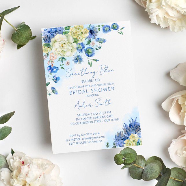 Convite Algo azul antes que eu faça chá de panela floral (Something blue before I do bridal shower invitation template vintage botanical garden themed shower)