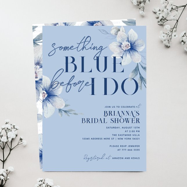 Convite Algo Azul Antes que eu faça uma flor azul (Something Blue Before I Do Dusty Slate Blue Watercolor Floral Bridal Shower Invitations)