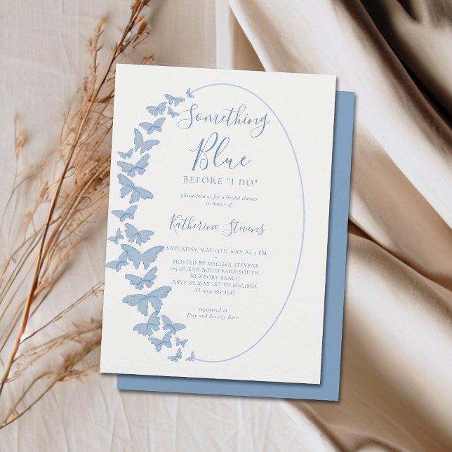 Convite Algo Azul Borboletas Boho Chá de panela (something blue bridal shower invitation butterflies boho chic frame romantic garden backyard classy)