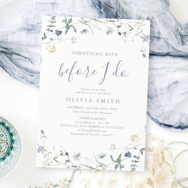 Convite Algo Azul, Chá de panela de flor silvestre (Something Blue Wildflower Boho Bridal Shower Invitation)