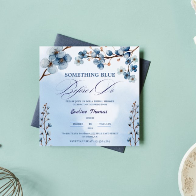 Convite Algo Azul Eu Floresço Brunch Chá de Noiva ( Something Blue Before I Do Bridal typography watercolor modern elegant calligraphy script brunch)