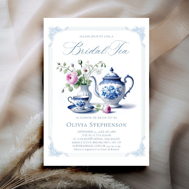 Convite Algo Azul Quadro de Toile Chá de Chic Bridal Chic (bridal tea invitation toile chinoiserie something blue frame roses floral flower elegant classic)