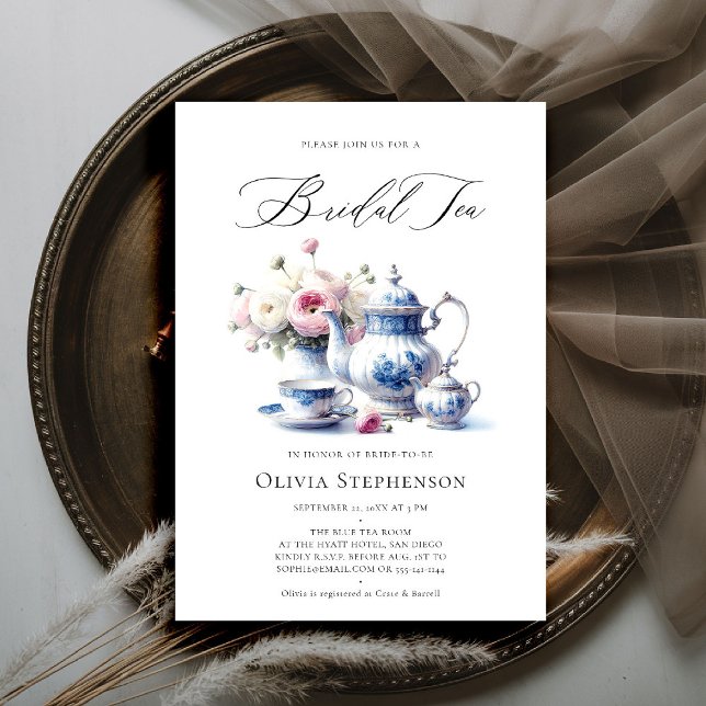 Convite Algo Azul Toile Floral Chic Bridal Chá (bridal tea invitation toile chinoiserie blue hamptons roses floral flower elegant modern classic)