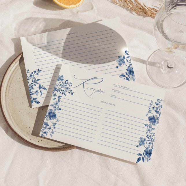 Convite Algo Azul, Toile - Receita de Chá de panela Floral (something blue recipe card, toile floral bridal shower recipe card, vintage blue recipe card 5x7)