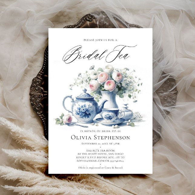 Convite Algo Azul Toile Tea Set Bridal Tea Chá (bridal tea invitation toile chinoiserie blue tea set roses floral flower elegant modern classic chic)