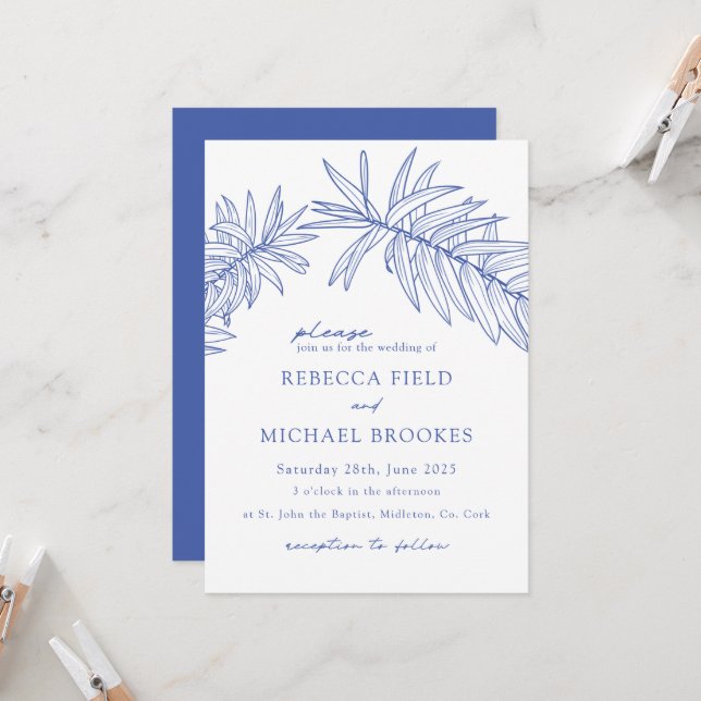 Convite Algo Botânico Minimalista Azul (Frente/Verso In Situ)