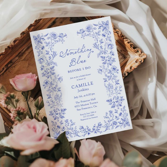 Convite Algo Chá de panela Floral Azul (Something Blue Bridal Shower Invite)