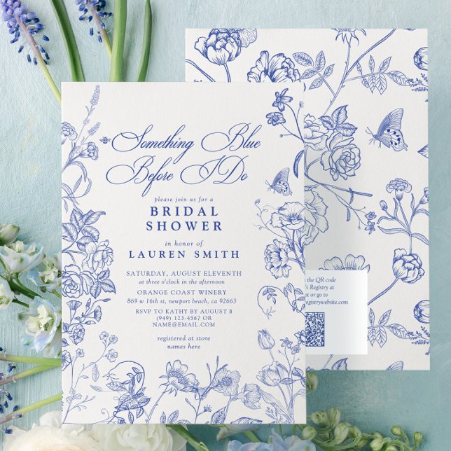 Convite Algo Chá de panela Floral QR Vitoriano Azul (Criador carregado)