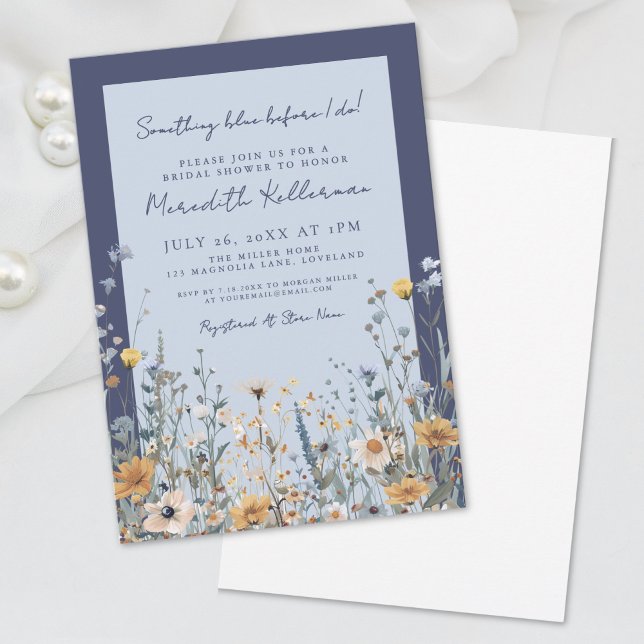 Convite Algo de Chá de panela de flor selvagem azul (Something Blue Wildflower Bridal Shower Invitation)