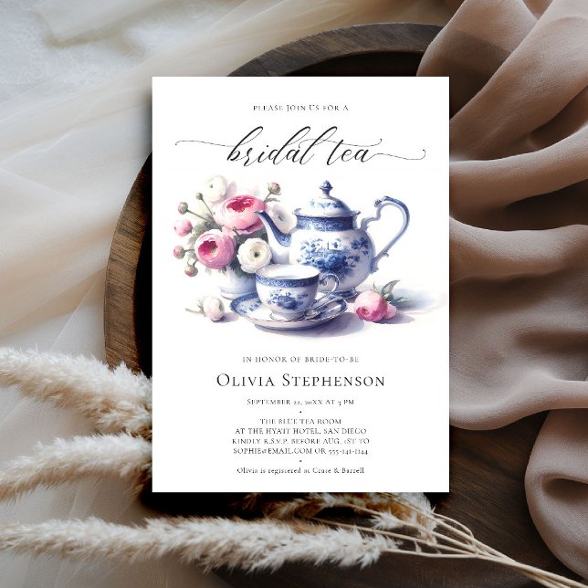 Convite Algo Rosa Azul  Chic Bridal Tea Chá (bridal tea invitation toile chinoiserie blue delft roses floral flower elegant modern classic chic)