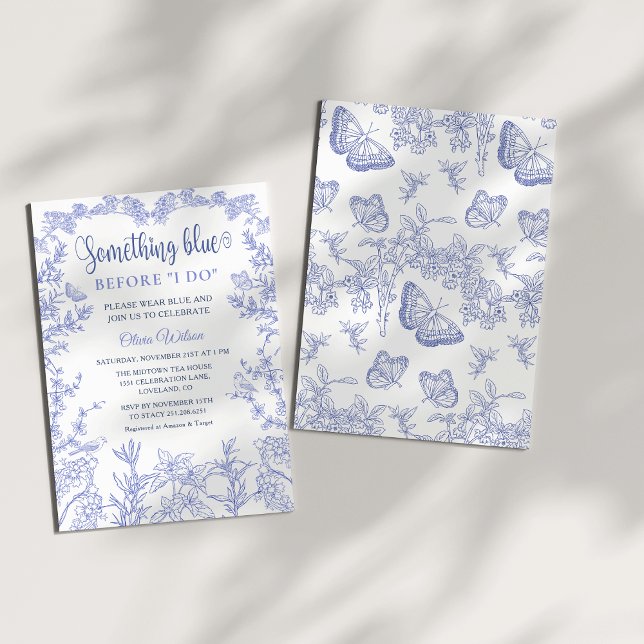 Convite Algo sobre Chá de panela de Chinoiserie do Jardim  (Cobalt Blue whimsical Chinoiserie Floral Something Blue Before I Do, Bridal Shower Invitation
)