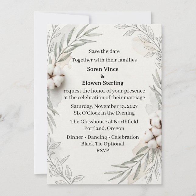 Convite Algodão e Floral Save the Date Casamento  (Frente)