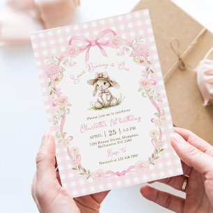 Convite Algum Coelhinho é Um Laço Rosa Gingham 1º Aniversá