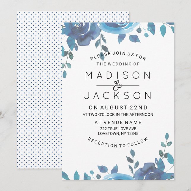 Convite Alguma Coisa Azul De Casamento De Cores De Água (Frente/Verso)