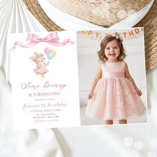 Convite Alguma foto de aniversário de menina coelho rosa c