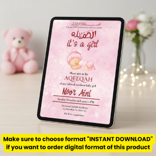 Convite Alhamdulillah rosa aqeeqah bebê menina muçulmana