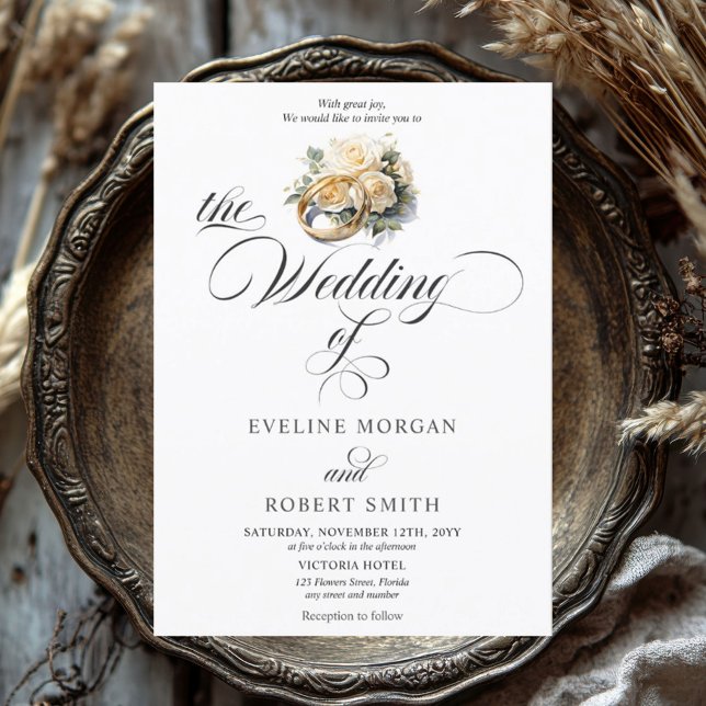 Convite Alianças de ouro para caligrafia elegante e casame (Watercolor gold wedding rings with flowers modern script wedding invitation)