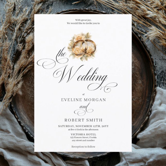 Convite Alianças de ouro para caligrafia elegante e casame (Elegant script font watercolor gold wedding rings wedding invitation)